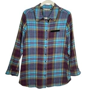 Soft Surroundings M Highlands Plaid Velvet Cuff Shirt‎ Turquoise Pink Boho